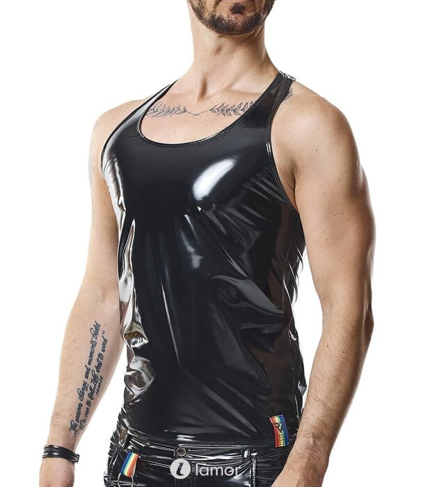 * RFP Tanktop gemaakt van zwart, glanzend PVC. Decoratieve linten met LGBTQ+ regenboog het merk RFP
