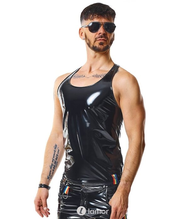 * RFP Tanktop gemaakt van zwart, glanzend PVC. Decoratieve linten met LGBTQ+ regenboog het merk RFP