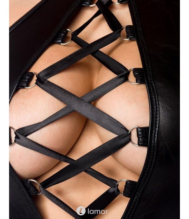 * SARESIA Spannend wetlook jurk met royale vetersluiting van het merk Saresia.