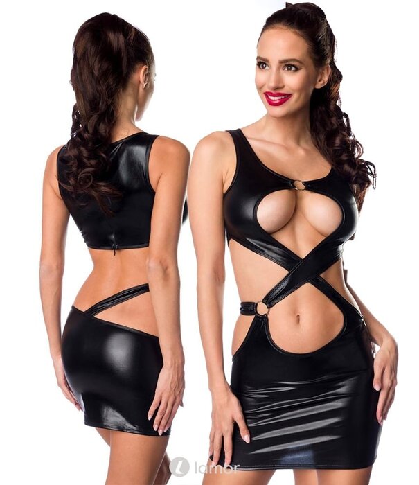 * SARESIA Chique zwart clubwear jurkje met  met royale uitsparingen en ringen  van het merk  Saresia.