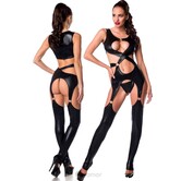 Sexy zwarte wetlook verwerkte jumpsuit met royale uitsparingen en ringen van het merk Saresia