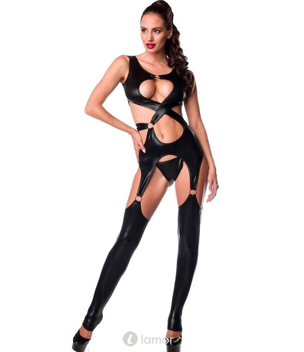 * SARESIA Sexy zwarte wetlook  verwerkte jumpsuit  met royale uitsparingen en ringen van het merk Saresia