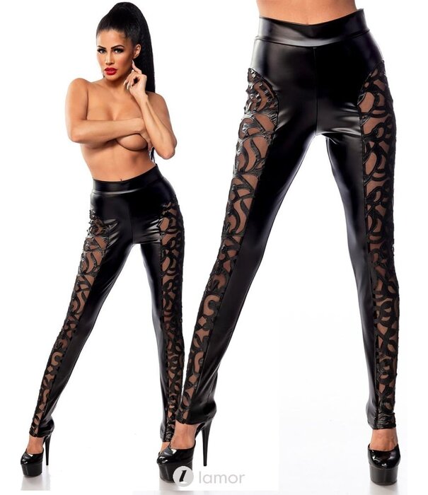 * SARESIA Wetlook legging met opgenaaid bloemmotief vanhet merk Saresia