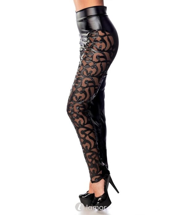 * SARESIA Wetlook legging met opgenaaid bloemmotief vanhet merk Saresia