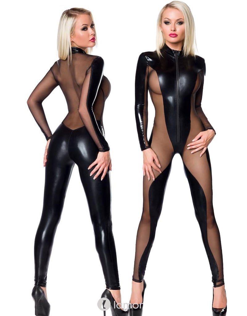 * SARESIA Zwart wetlook catsuit ,SA18254 afbeelding