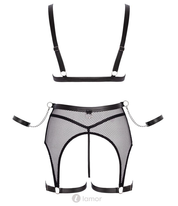 * COTTELLI  Cottelli Bondage Set – Triangel-BH, Strapsgordel & Ouvert-String met Handboeien – Netstof & Zwarte Mattlook met Verstelbare Riemen & Ketting