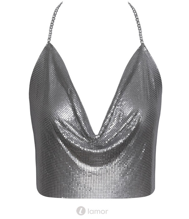 * COTTELLI  Zilverkleurig Metalen Crop-Top van Cottelli – Waterfalkraag, Verstelbare Kettinghalter & Open Rug – Schitterende Glamourlook
