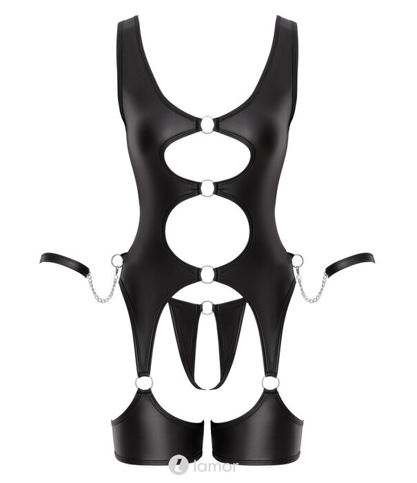 * COTTELLI  Cottelli Bondage Set met Breteltop, Ouvert-String, Brede Dijbanden & Zachte Handboeien – Zwarte Mattlook met Zilveren Ringen – Verstelbaar & Comfortabel