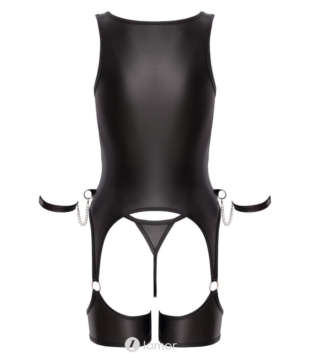 * COTTELLI  Cottelli Bondage Set met Breteltop, Ouvert-String, Brede Dijbanden & Zachte Handboeien – Zwarte Mattlook met Zilveren Ringen – Verstelbaar & Comfortabel