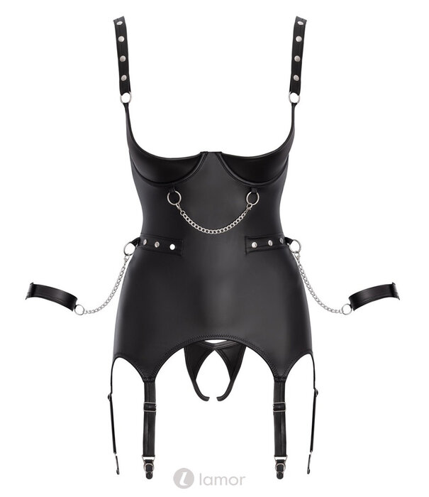 * COTTELLI  Cottelli Bondage Strapshemd Set – Zwarte Mattlook met Open Borsten, Ouvert-String & Handboeien