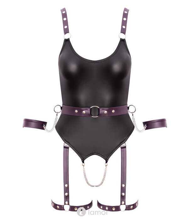 * COTTELLI  Cottelli Bondage Jarretel-Body Ouvert met Lange Mouwen, Ritsen over de Borsten, Open Kruis, Afneembare Dijbanden & Handboeien – Netstof en Mattlook