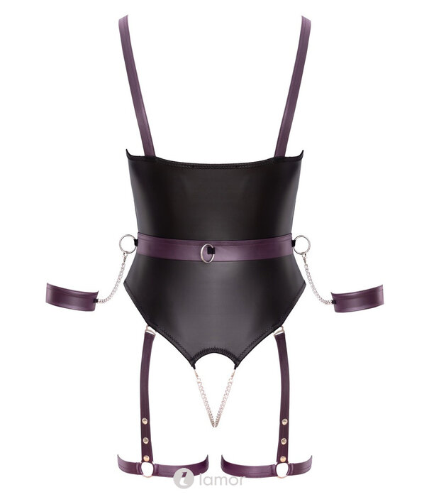 * COTTELLI  Cottelli Bondage Jarretel-Body Ouvert met Lange Mouwen, Ritsen over de Borsten, Open Kruis, Afneembare Dijbanden & Handboeien – Netstof en Mattlook