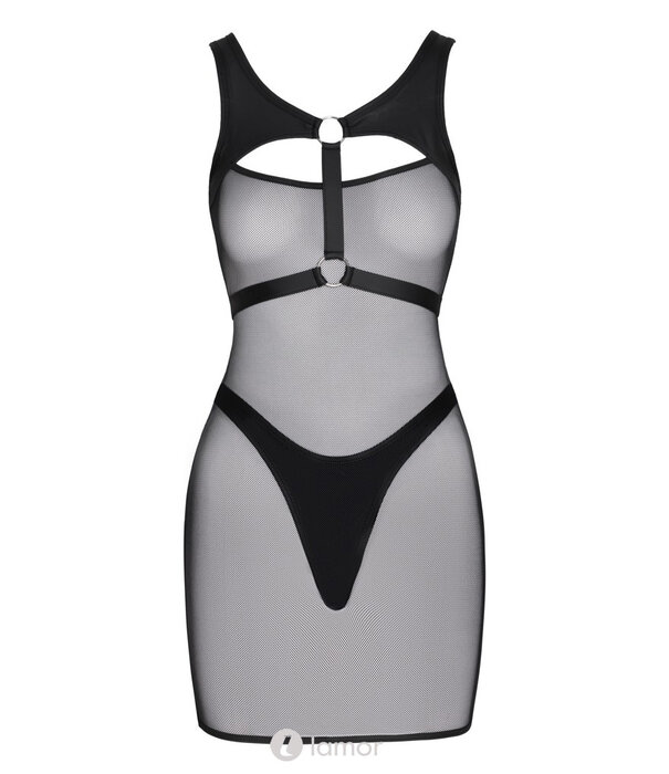 * COTTELLI  Cottelli Net-Minikleed & Hoge Rio-String in Set – Zwart Netstof met Ingezet Mattlook Borstharnas & Decoratieve Ringen – Verleidelijk & Comfortabel