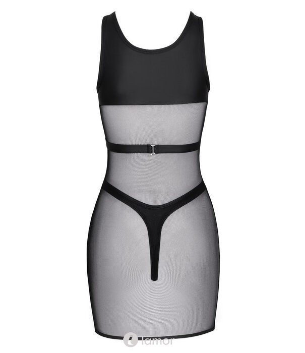 * COTTELLI  Cottelli Net-Minikleed & Hoge Rio-String in Set – Zwart Netstof met Ingezet Mattlook Borstharnas & Decoratieve Ringen – Verleidelijk & Comfortabel