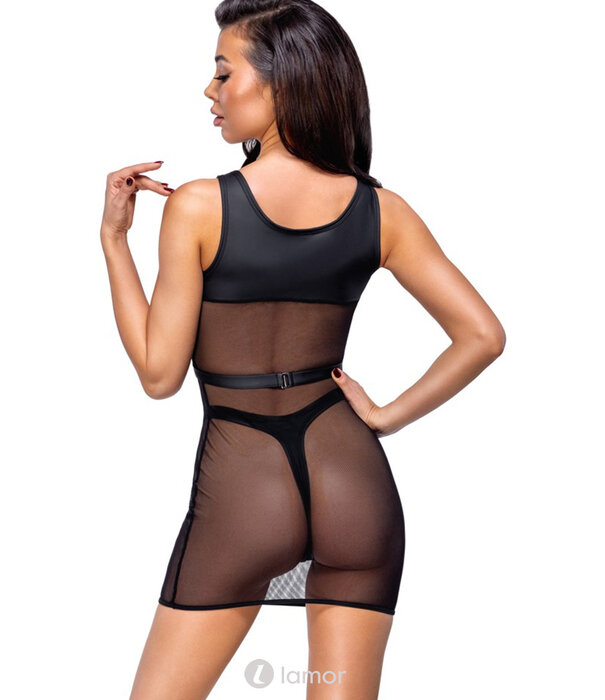 * COTTELLI  Cottelli Net-Minikleed & Hoge Rio-String in Set – Zwart Netstof met Ingezet Mattlook Borstharnas & Decoratieve Ringen – Verleidelijk & Comfortabel