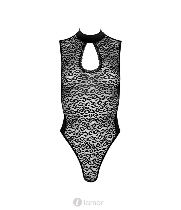 * KOTEK Zwarte Body met Luipaardmotief, Wetlook Kraag en Keyhole Cut-Out – Sexy Nauwsluitend Design voor Spannende Avonden