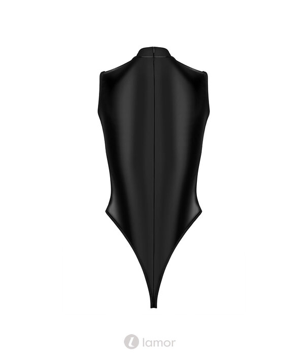 * KOTEK Zwarte Body met Luipaardmotief, Wetlook Kraag en Keyhole Cut-Out – Sexy Nauwsluitend Design voor Spannende Avonden