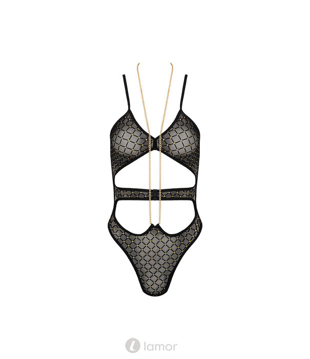 * KOTEK Zwart-Gouden Body van Transparant Net met Cut-Out en Gouden Ketting van het merk Kotek