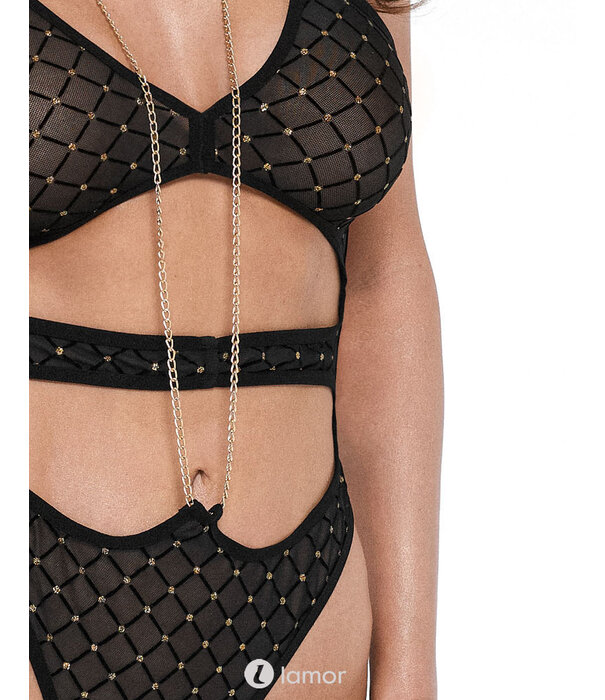 * KOTEK Zwart-Gouden Body van Transparant Net met Cut-Out en Gouden Ketting van het merk Kotek