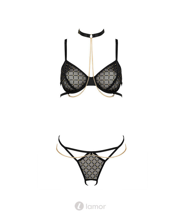 * KOTEK Zwart-Goud BH & Ouvert String met Kettingen van het merk Kotek