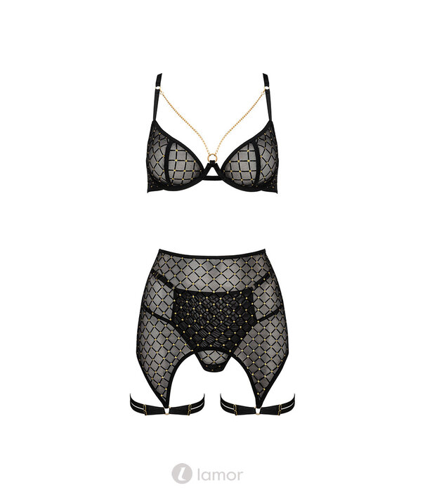 * KOTEK Zwart-Gouden Lingerie Set met BH, String en Brede Strapsgordel – Verleidelijke 3-delige Set met Ketting en Riemdetailsan het merk Kotek