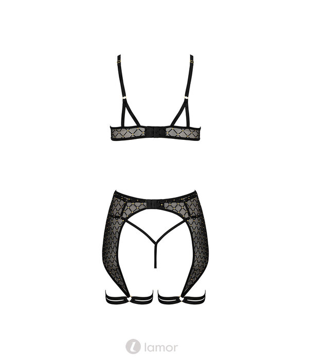 * KOTEK Zwart-Gouden Lingerie Set met BH, String en Brede Strapsgordel – Verleidelijke 3-delige Set met Ketting en Riemdetailsan het merk Kotek