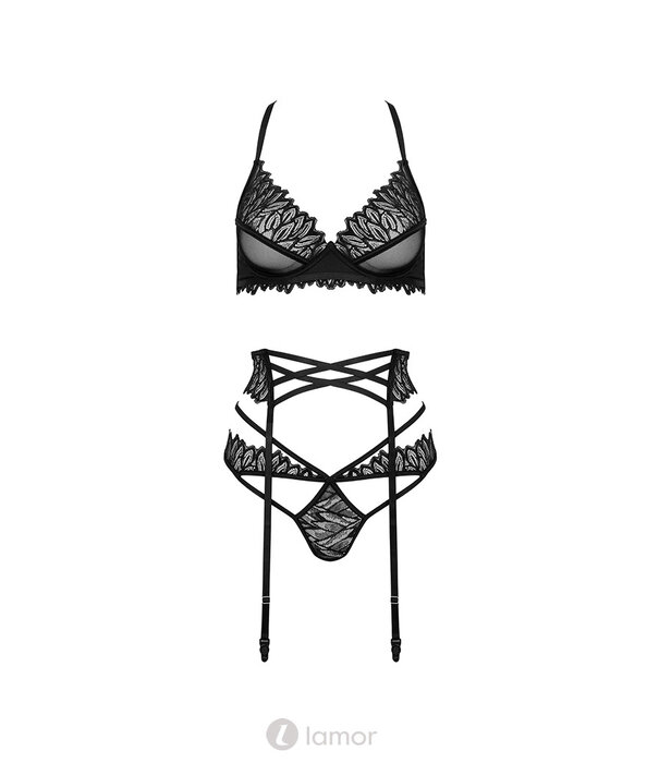 * KOTEK Zwarte 3-Delige Lingerie Set met Beugel-BH, Strapsgordel en String – Luxe Kant met Bladeren en Verstelbare Riemen