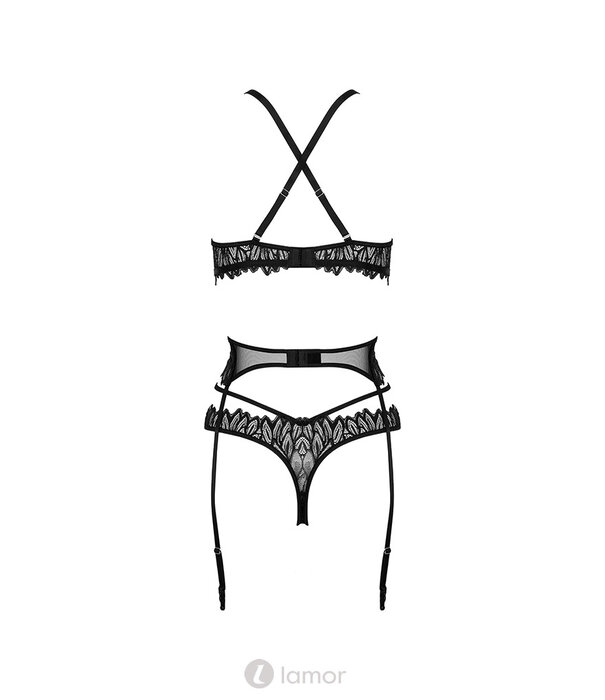 * KOTEK Zwarte 3-Delige Lingerie Set met Beugel-BH, Strapsgordel en String – Luxe Kant met Bladeren en Verstelbare Riemen