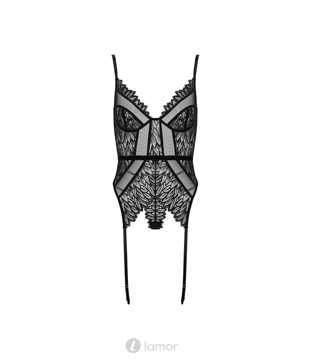 * KOTEK Zwart Korset met String – Strapscorsage met Kant, Mesh Cut-Outs en Verstelbare Jarretels