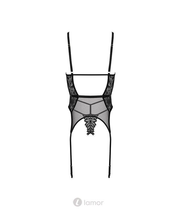 * KOTEK Zwart Korset met String – Strapscorsage met Kant, Mesh Cut-Outs en Verstelbare Jarretels