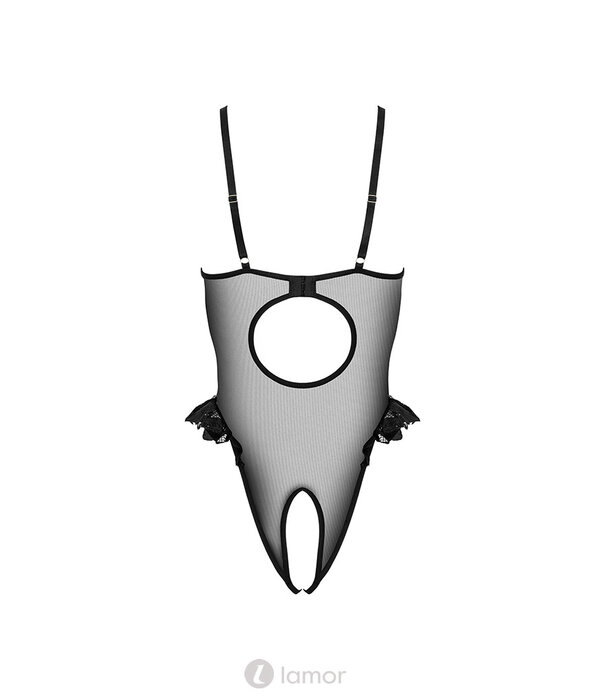 * KOTEK KO BD103 Zwarte Body van Kant en Mesh – Beugelcups, Volants, Open Rug en Open Kruis