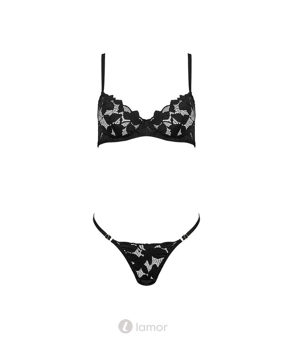 * KOTEK Zwarte Lingerie Set met Beugel-BH en String – Elegante Kant, Open Rugdetails en Tijdloze Verleiding