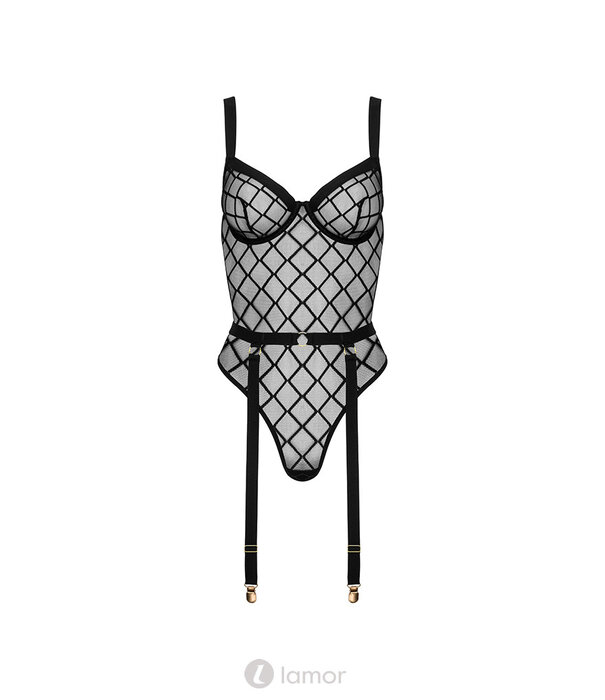 * KOTEK Zwarte Body met Beugelcups en Netstof – Elegant Design met Strapsgordel en Verstelbare Bandjes