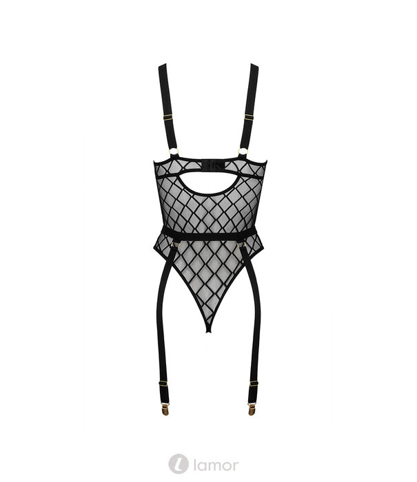 * KOTEK Zwarte Body met Beugelcups en Netstof – Elegant Design met Strapsgordel en Verstelbare Bandjes
