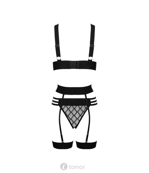 * KOTEK Zwarte 3-Delige Lingerie Set met Soft-BH, String en Tailleband – Moderne Netstof, Afneembare Riemen en Sensueel Design