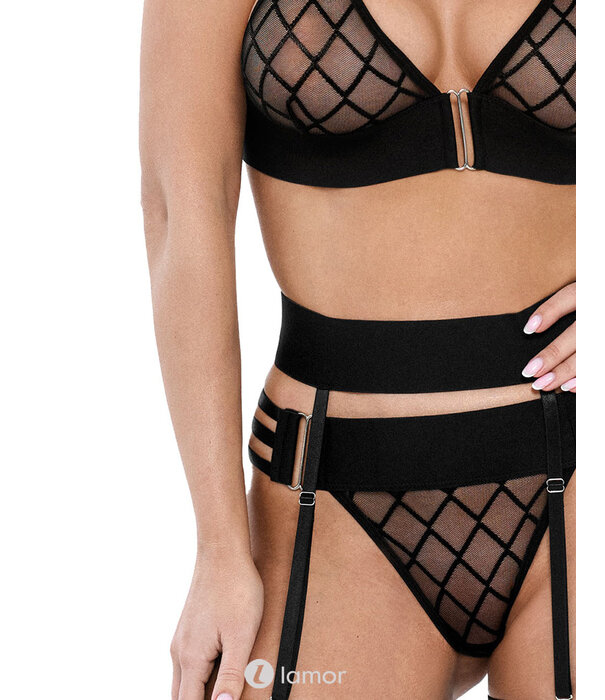 * KOTEK Zwarte 3-Delige Lingerie Set met Soft-BH, String en Tailleband – Moderne Netstof, Afneembare Riemen en Sensueel Design