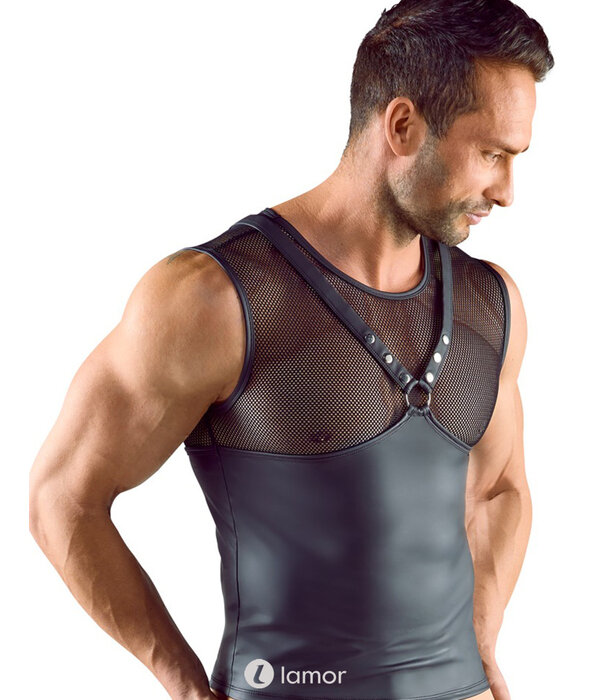 * SVENJOYMENT Zwart Mouwloos Shirt in Borstharnas-Stijl met Nieten, Ringen en Netstof – Mattlook Design van Svenjoyment