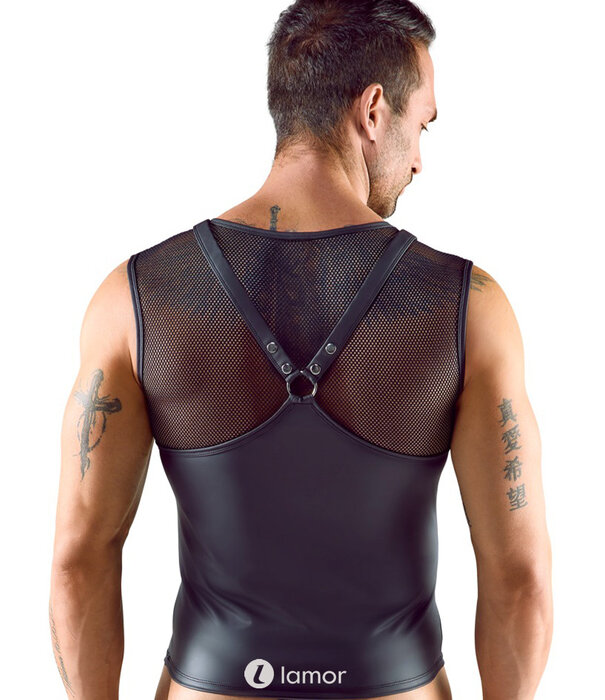 * SVENJOYMENT Zwart Mouwloos Shirt in Borstharnas-Stijl met Nieten, Ringen en Netstof – Mattlook Design van Svenjoyment