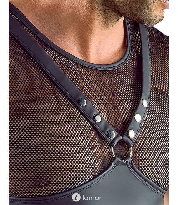 * SVENJOYMENT Zwart Mouwloos Shirt in Borstharnas-Stijl met Nieten, Ringen en Netstof – Mattlook Design van Svenjoyment