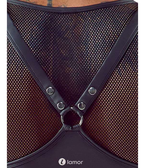 * SVENJOYMENT Zwart Mouwloos Shirt in Borstharnas-Stijl met Nieten, Ringen en Netstof – Mattlook Design van Svenjoyment