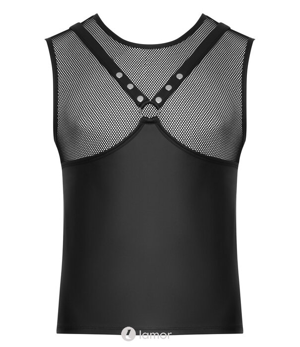 * SVENJOYMENT Zwart Mouwloos Shirt in Borstharnas-Stijl met Nieten, Ringen en Netstof – Mattlook Design van Svenjoyment