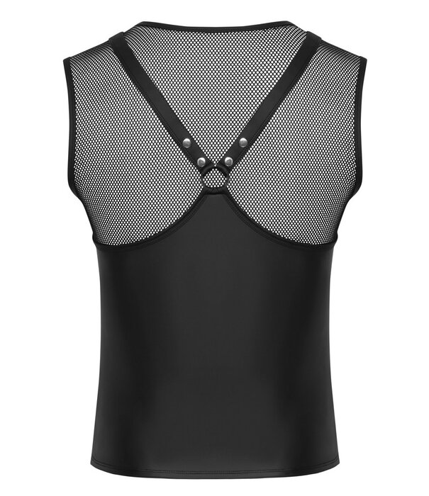 * SVENJOYMENT Zwart Mouwloos Shirt in Borstharnas-Stijl met Nieten, Ringen en Netstof – Mattlook Design van Svenjoyment