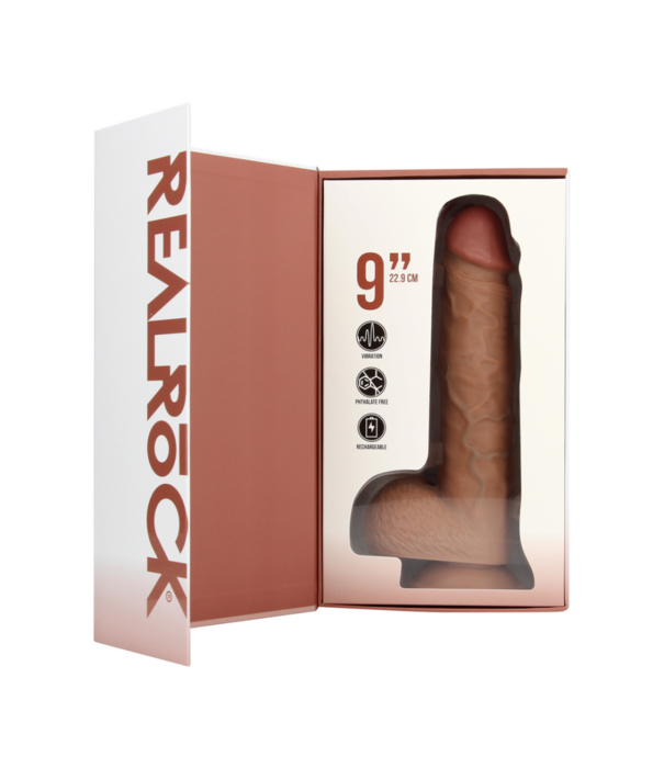 RealRock by Shots Vibrating Regular Straight Cock with Balls - 9 / 23 cm - Tan