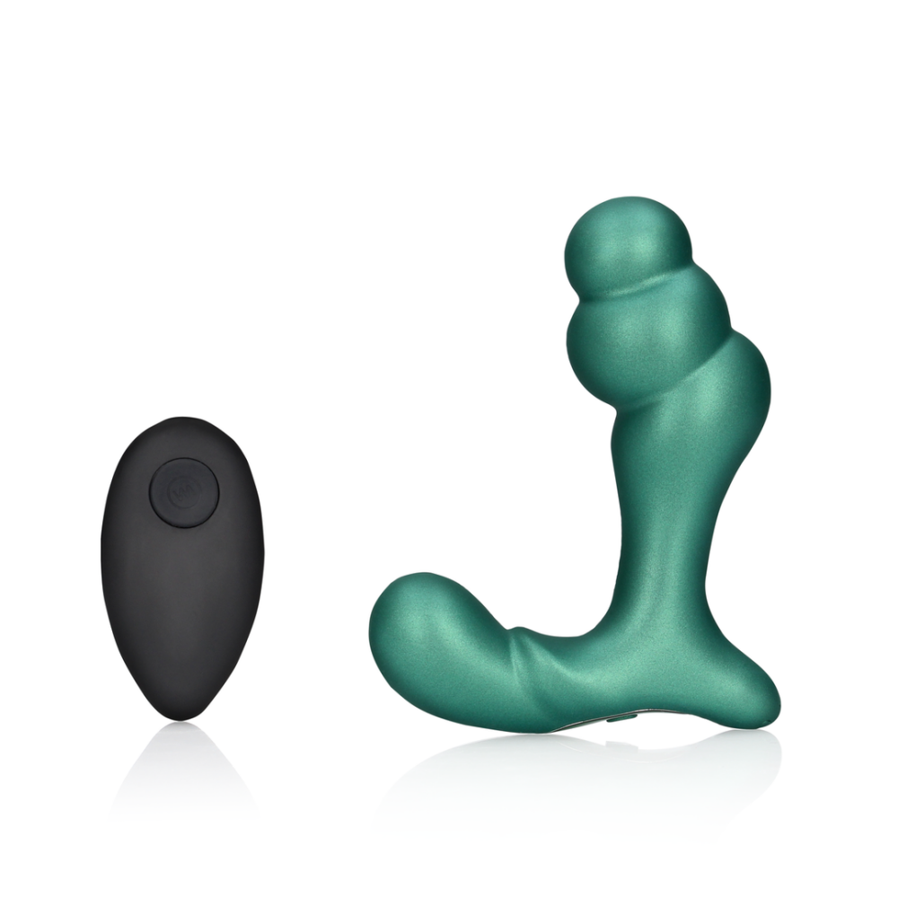 Ouch! by Shots Gestapelde Vibrerende Prostaatmassager met Afstandsbediening - Metallic Groen afbeelding