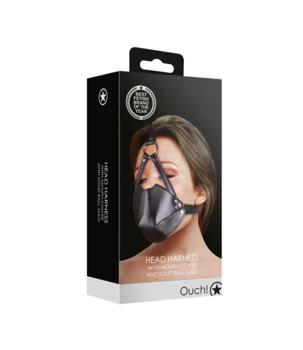 Ouch! by Shots Hoofdharnas met Mondbedekking en Ademend Ball Gag - Zwart