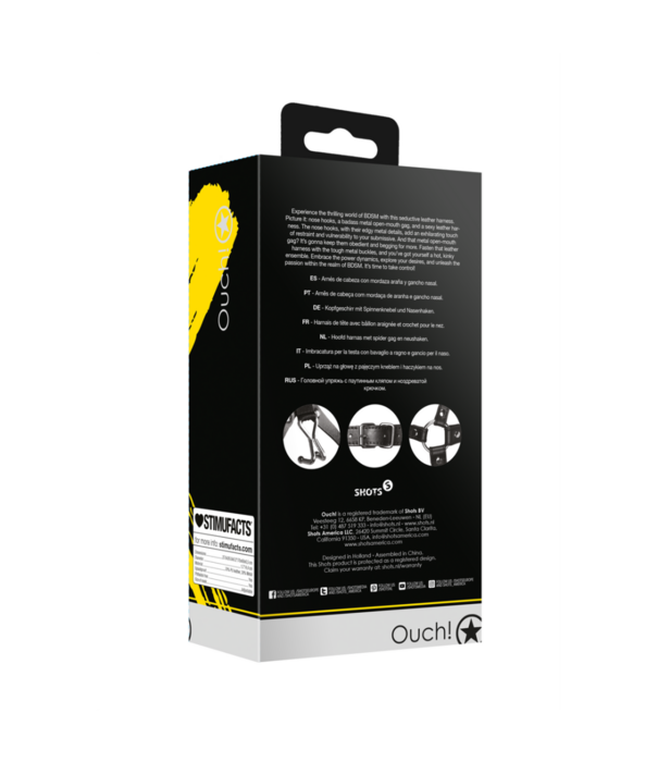 Ouch! by Shots Hoofdharnas met Spider Gag en Neus Haken - Zwart