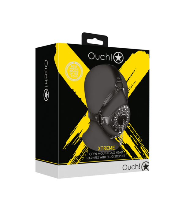 Ouch! by Shots Open Mouth Gag Hoofdharnas met Plug Stopper - Zwart