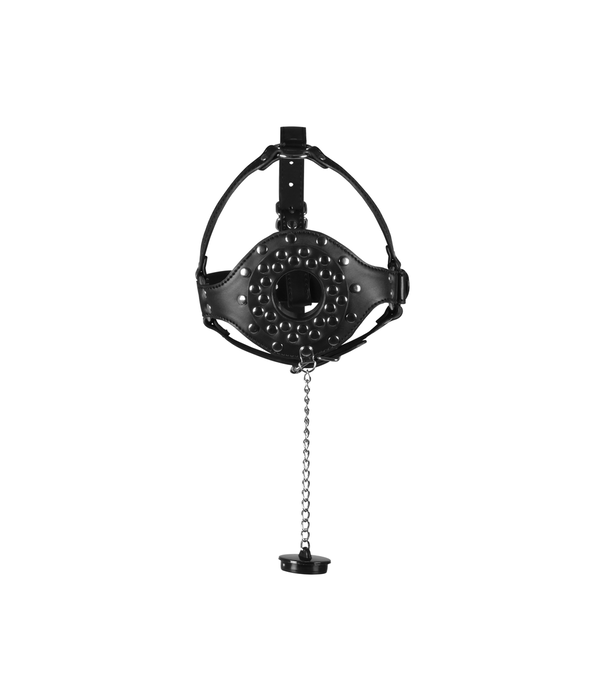 Ouch! by Shots Open Mouth Gag Hoofdharnas met Plug Stopper - Zwart