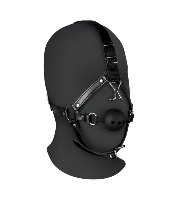 Ouch! by Shots Hoofdharnas met ademende ball gag en neus haken - Zwart