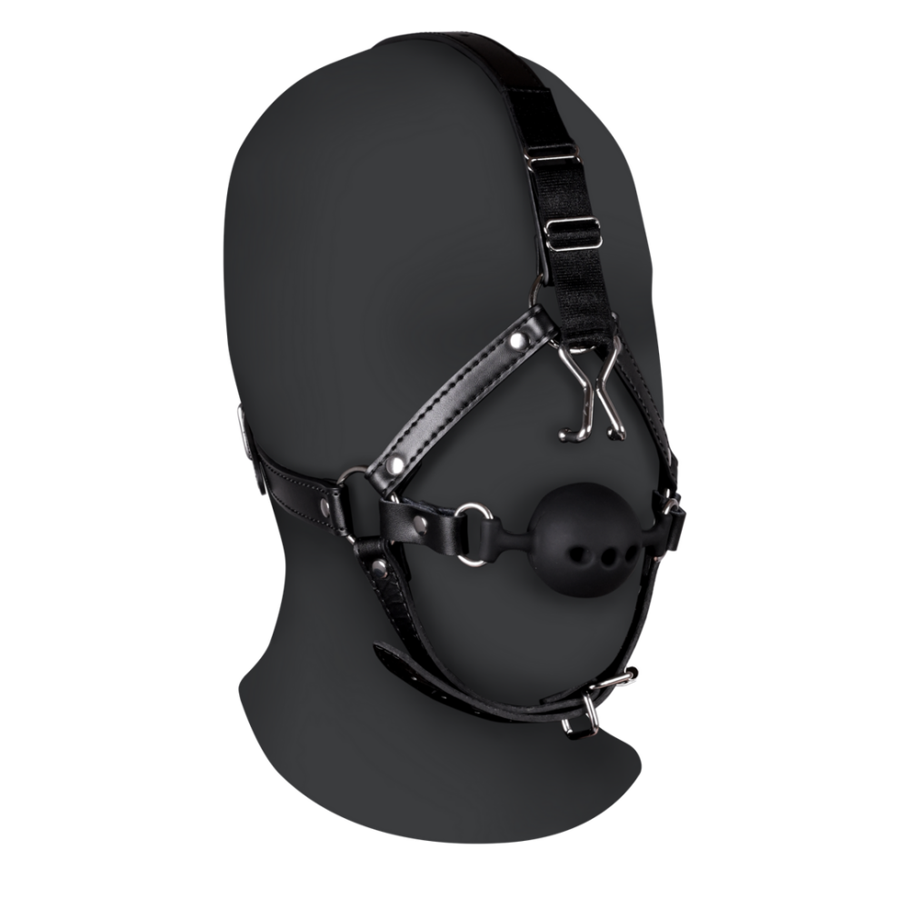 Ouch! by Shots Hoofdharnas met ademende ball gag en neus haken - Zwart afbeelding